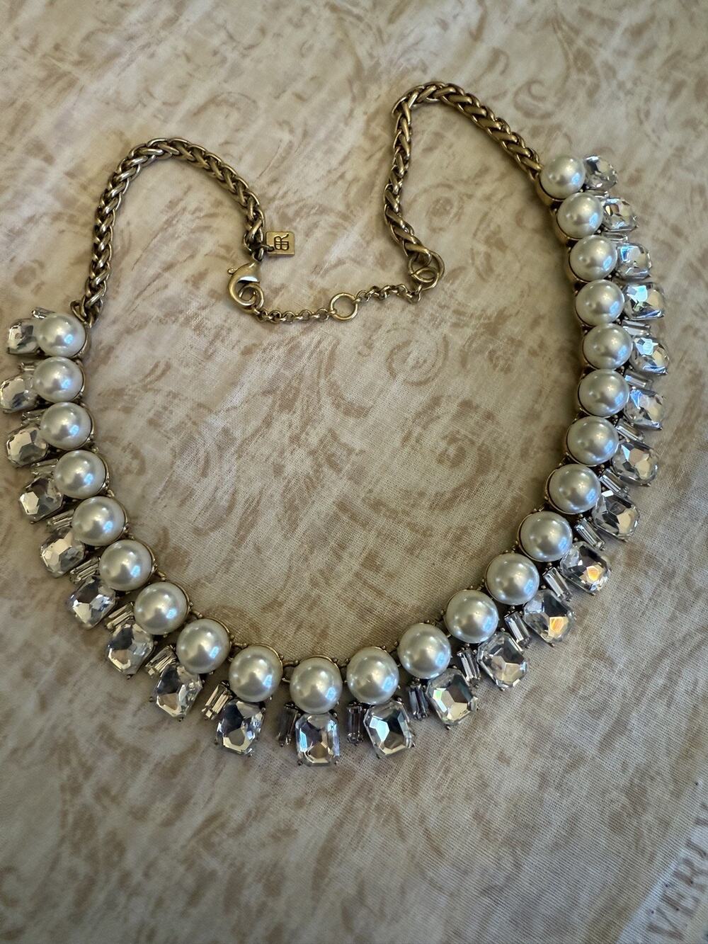 Banana Republic Necklace Faux Pearl Crystal Statement Gold Tone Womens Fashion